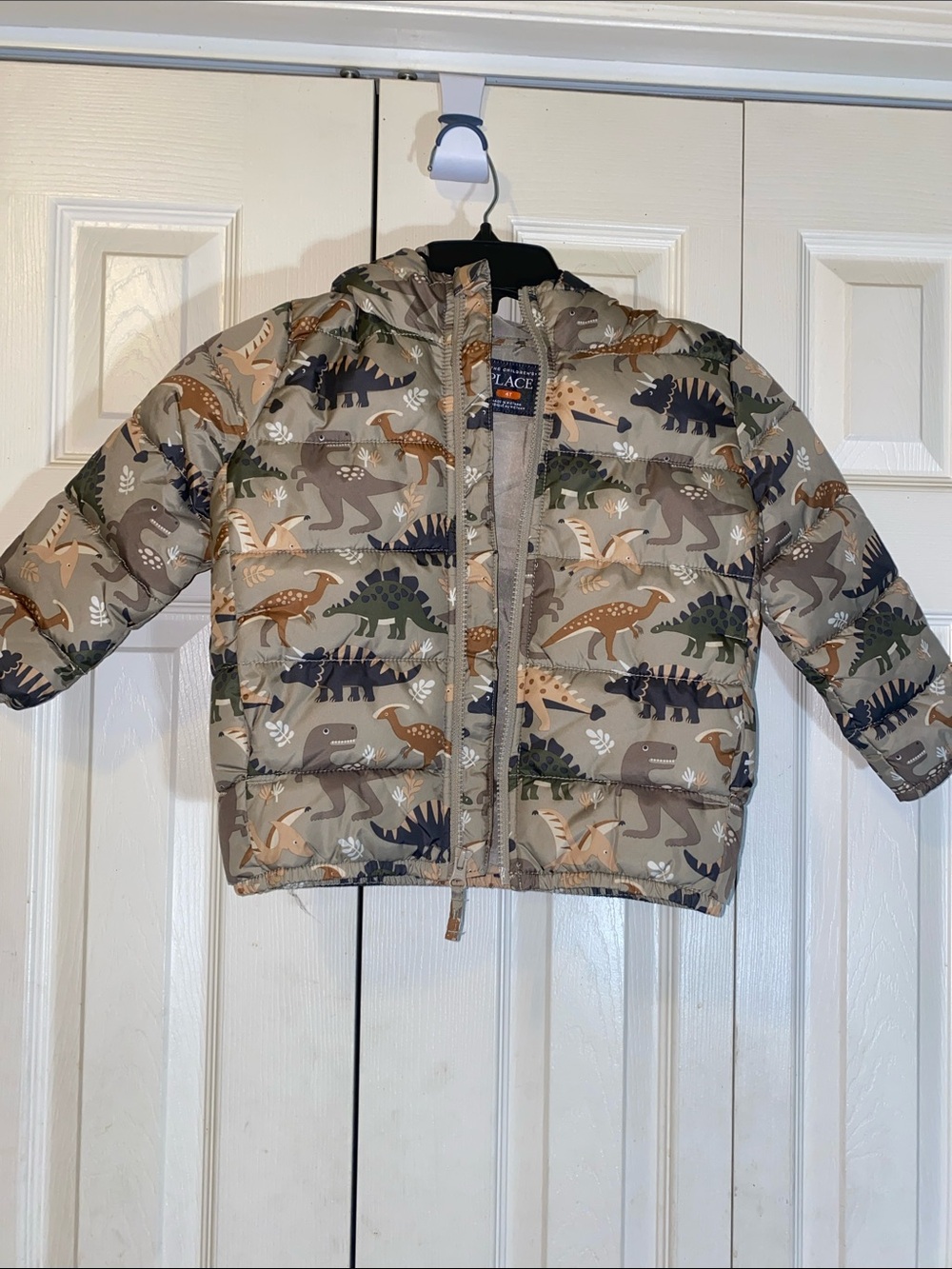 The Children's Place Kids Dino Print Puffer Jacket - Green & Tan
